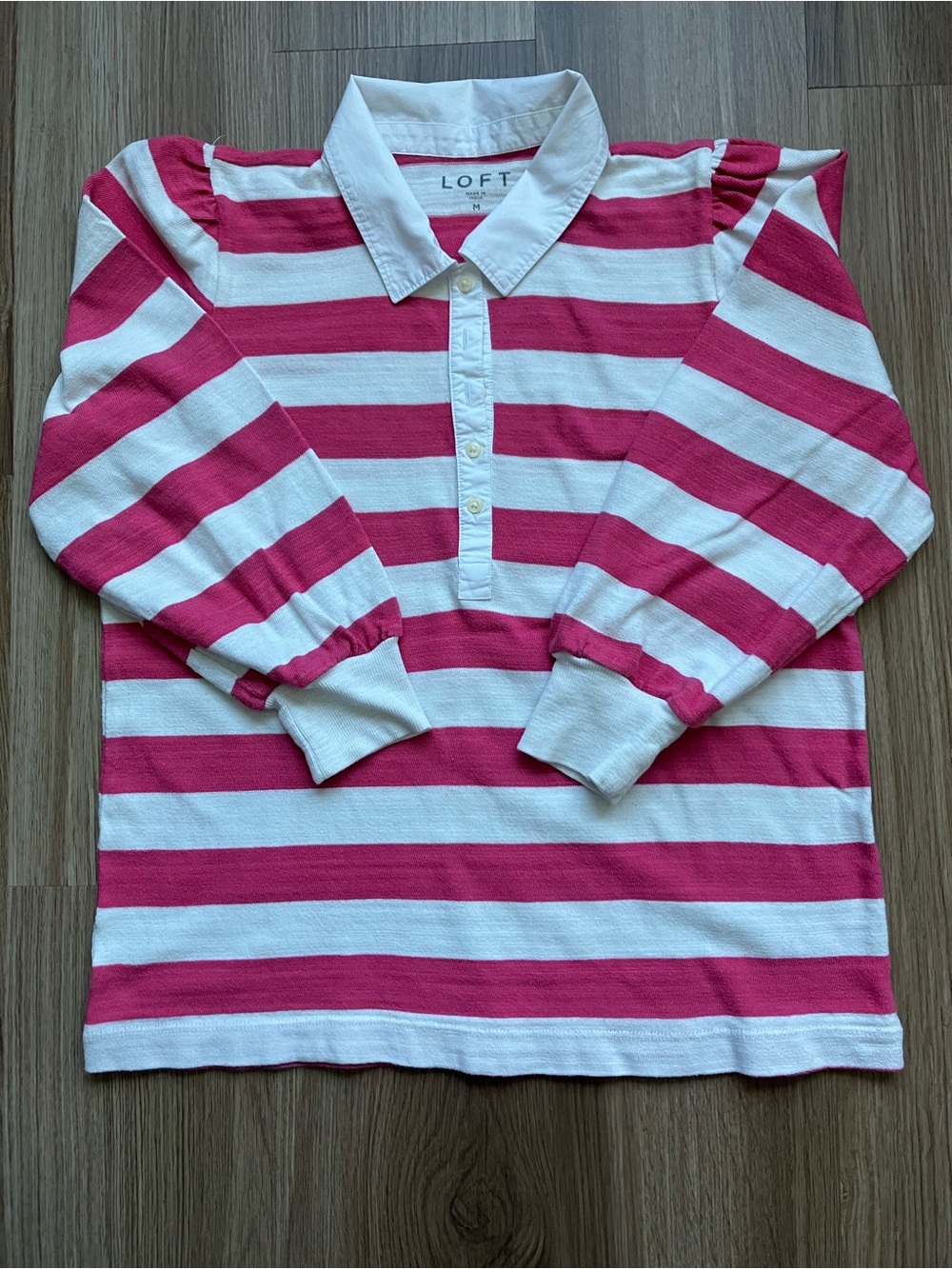 LOFT Pink and White Striped Rugby Polo Top